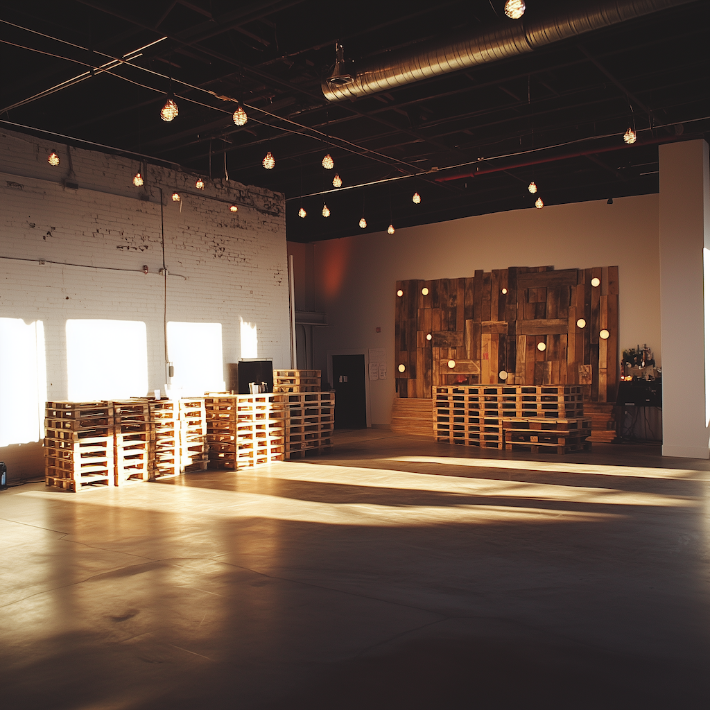 Pallets at being rented at an event in London. Pre-event setup